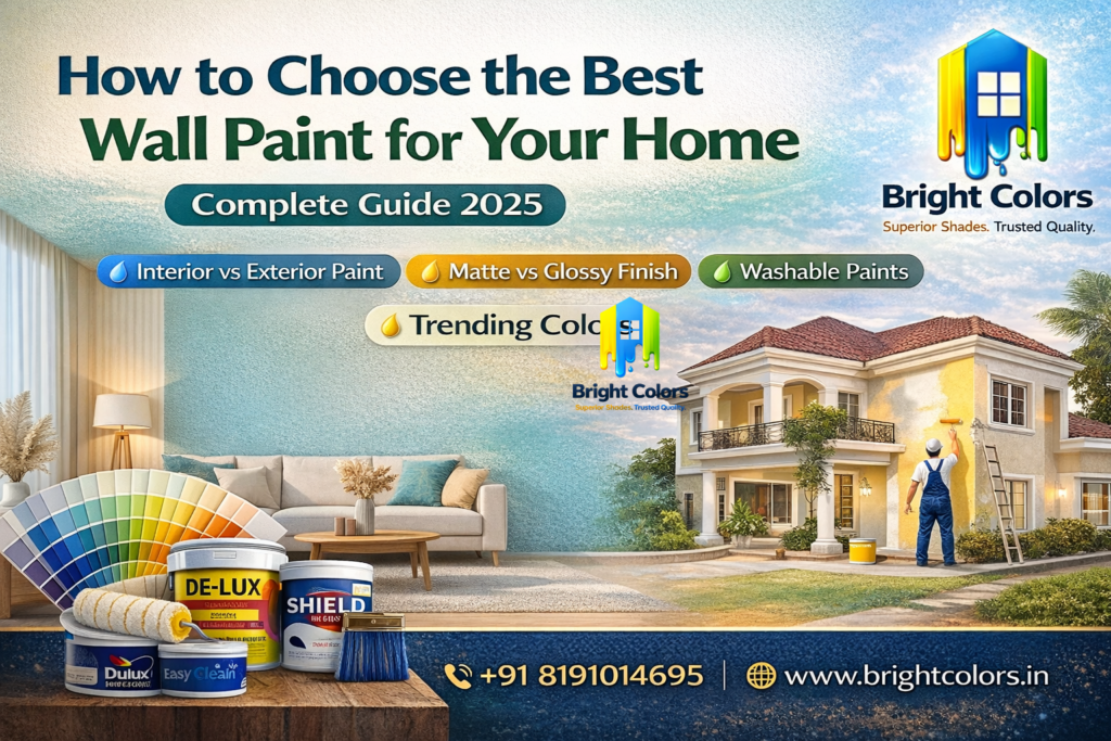 Best wall paint for home guide showing interior and exterior paint ideas, matte vs glossy finish, washable paints and trending wall colors by Bright Colors multibrand paint store.